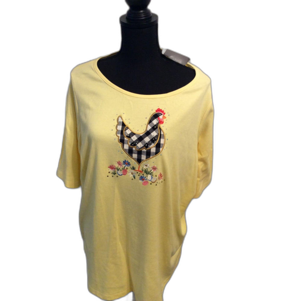 NWT Quacker Factory Plus Size 1X Yellow Applique Rooster Country Cottagecore